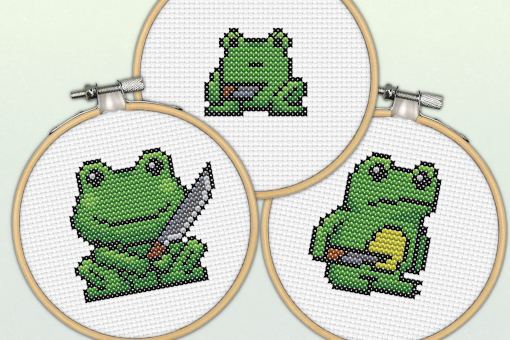 Three different styles of a frog, all of which are the same greens and holding various knives, looking towards the camera.