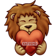 A fluffy and happy lion holding a large heart shaped cushion.