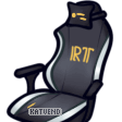 An empty gaming chair turned slightly away from the camera, the letters RT are seen on the back rest.