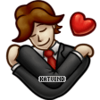 A person seen holding and hugging themselves, they are weirding a suit and there is a floating heart beside them.