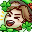 A laughing or LUL emotes featuring RTGame's pngtuber design, laughing with their eyes closed and their mouth open mid-laugh, they have greens and clovers surrounding them to look more Irish.