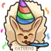 A fluffy animal character wearing a party hat and blowing a party blower, there is confetti around them.