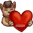 A wolf character wearing a brown hat is holding a larger heart out to the camera.