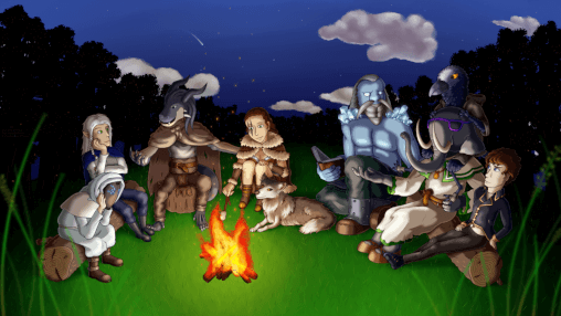 A DnD group of nine characters sits around a campfire, interacting and enjoying the evening.