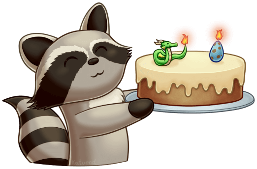 A raccoon smiling and proudly holding up a newly iced cake, on top of the icing are two custom candles of a noodle-dragon and an egg glowing brightly.