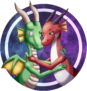 Two dragons, one green and one red, embracing each other in a hug, they are on a circular galaxy backdrop.