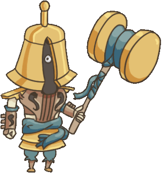 A chibi style of Dead Ringer from the game Crypt of the Necrodancer, he is a demonic figure wearing a bell on his head.