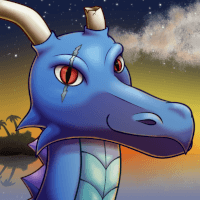 A blue dragon with a scar over one eye and a broken horn smiles towards the camera with a sunset background.