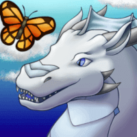 A white dragon with multiple horns and pale blue scales looks up to a monarch butterfly on a sunny day.