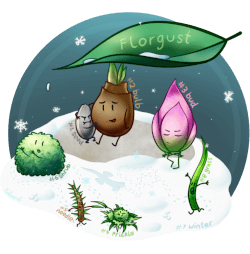 Circular illustration showing a wintery scene, with personified plants enjoying or hiding from the snow.