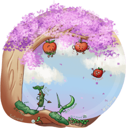 Circular illustration with a large pink tree with personified plants playing around the spring scene.