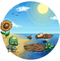 Circular illustration featuring a sunny beach with multiple personified plants for Florgust, looking on or enjoying the sea.