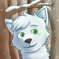 A white wolf smiling softly to the camera with green eyes, a forest is behind them while it snows, snow collecting on a tree branch above them.