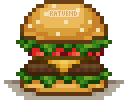 A pixel burger with seeds on the bun, lettuce, tomato and cheese seen over the burger patty.