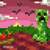 A creeper from Minecraft standing on the edge of a picnic blanket, there is a basic with apples within and a tree to the side, the sun is setting, turning the sky into shades of pink.