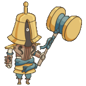 A chibi style of Dead Ringer from the game Crypt of the Necrodancer, he is a demonic figure wearing a bell on his head.