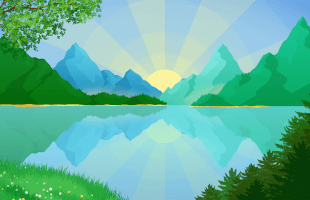 Multiple mountains sit behind a lake, the sun is rising behind them, with beams of light covering the sky. There are trees in the foreground.