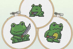 Three different styles of a frog, all of which are the same greens and holding various knives, looking towards the camera.