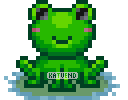 A pixel green frog facing front with a small blush and smile.