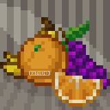 An artistic collection of pixel fruit can be seen, with some bananas, an orange, bunch of grapes and a slice of an orange seen sitting in front of a striped backdrop.