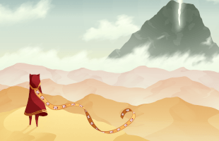 The character from the video game Journey standing on sand dunes looking towards the final mountain with a beam of light.