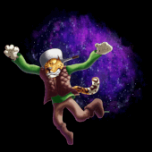 A leopard character jumping through a space potal, they are falling through the air while wearing commoner clothing and a saucepan on their head.