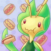 The pokemon Leavanny holding a hotdog with a bite taken out, they are chewing their bite. The background is filled with hotdogs behind.