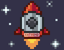 A pixel spaceship, the top and wings are shiny red, with a shilver body and a large dark grey window. There are little stars around it.