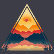 Triangular illustration with multiple sharp mountains, a red sun rising over them, all of which are reflected like a mirror in the river below.