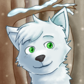 A white wolf smiling softly to the camera with green eyes, a forest is behind them while it snows, snow collecting on a tree branch above them.