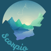 Circular illustration in hues of blue with mountains and hills around a lake. The word Scorpio follows the circle. A constellation for the zodiac sign scorpio can be seen in the sky.