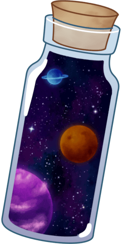 A vertical small cork bottle with a landscape within. It is largely made of space with three planets, a blue planet with rings, an orange dusty planet, and a purple planet with pink clouds.