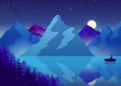 A large central mountain stands behind a lake, with other mountains behind, there is a moon setting with a fisherman's boat on the water. It is made large of cool blue tones.