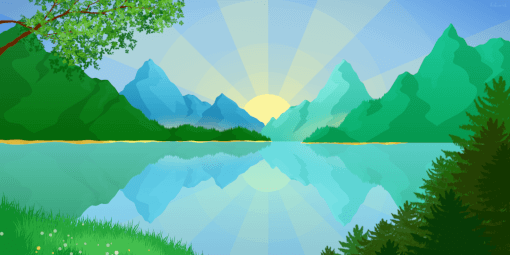 Multiple mountains sit behind a lake, the sun is rising behind them, with beams of light covering the sky. There are trees in the foreground.