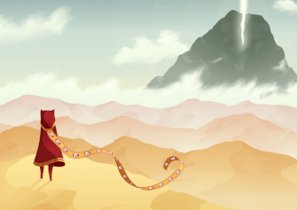 The character from the video game Journey standing on sand dunes looking towards the final mountain with a beam of light.