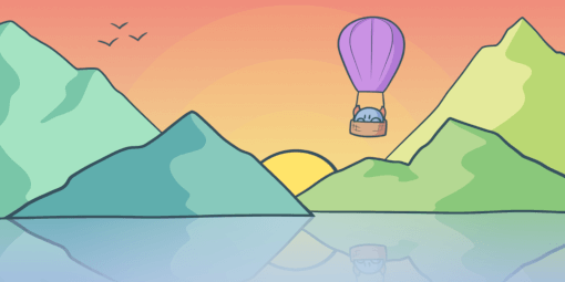 Four outlines mountains made of pastel shades are sitting behind a mountain. A sun is setting, and there is a purple hot air balloon floating over the water with a round character within the basket. Everything is reflected to the water below.