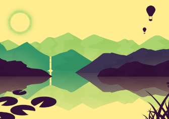 A flat styled landscape of yellows to greens, a large lake is seen with multiple mountains behind, silhouettes of lilly pads on the left with two hot air balloons in the sky are on the right