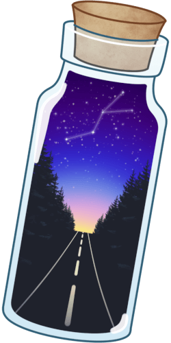 A vertical small cork bottle with a landscape within. There is a constellation and stars in the night sky, with a road and its markings trailing off into the distance, on either side are silhouetted trees.