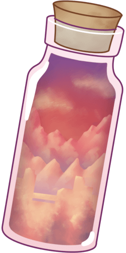 A vertical small cork bottle with a landscape within. It is made of soft pinks and purples with multiple mountains, clouds seen into the distance.