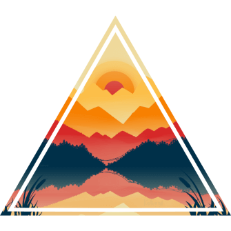 Triangular illustration with multiple sharp mountains, a red sun rising over them, all of which are reflected like a mirror in the river below.