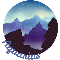 A circular illustration made of blues and purples. The word Aquarius follows the circles edge. There are four jagged mountains with a sun rising behind them, with a silhouetted ridge and tree in the foreground. A constellation for the zodiac sign aquarius can be seen in the sky.