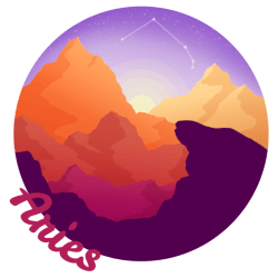 A circular illustration of bold reds and purples, with multiple mountains and stone edges. The word Aries follows the circles edge. A constellation for the zodiac sign aries can be seen in the sky.