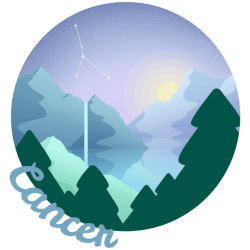 A circular illustration three mountains surrounding a lake, with a river cascading from one. The word Cancer follows the circles edge. A constellation for the zodiac sign cancer can be seen in the sky.