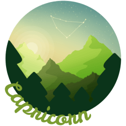 A circular illustration of green mountains and trees in the foreground. The word capricorn follows the circles edge. A constellation for the zodiac sign capricorn can be seen in the sky.