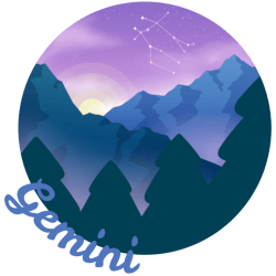 A circular illustration of purples and deep blues with two mountains and silhouetted trees. The word Gemini follows the circles edge. A constellation for the zodiac sign gemini can be seen in the sky.