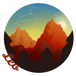 A circular illustration with reds and oranges featuring multiple mountains and trees in the foreground. The word Leo follows the circles edge. A constellation for the zodiac sign leo can be seen in the sky.