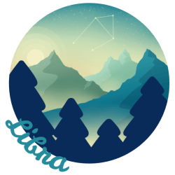 A circular illustration of blues with multiple mountains and mist between them. The word Libra follows the circles edge. A constellation for the zodiac sign libra can be seen in the sky.