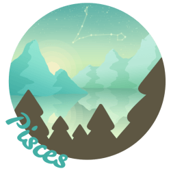 A circular illustration with two mountains over a lake, a sun is rising behind the left mountain. The word Pisces follows the circles edge. A constellation for the zodiac sign pisces can be seen in the sky.