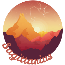 A circular illustration of reds with a single tall mountain and smaller ones surrounding it. The word Sagittarius follows the circles edge. A constellation for the zodiac sign sagittarius can be seen in the sky.