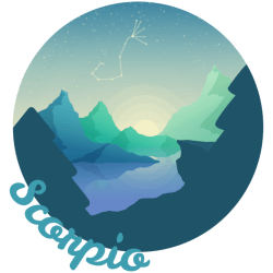 Circular illustration in hues of blue with mountains and hills around a lake. The word Scorpio follows the circle. A constellation for the zodiac sign scorpio can be seen in the sky.